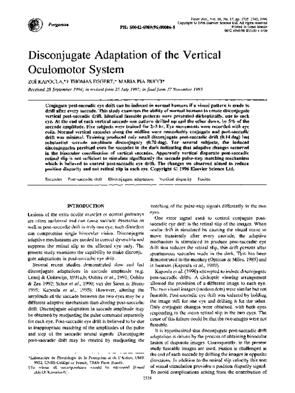 (PDF) Disconjugate adaptation of the vertical oculomotor system