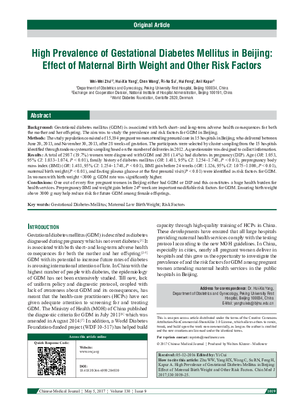 (PDF) High Prevalence of Gestational Diabetes Mellitus in Beijing ...