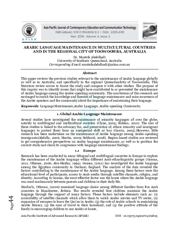 (PDF) Arabic Language Maintenance in Multicultural Countries and in the ...