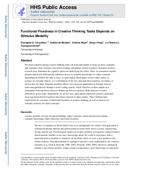 (PDF) Functional fixedness in creative thinking tasks depends on ...