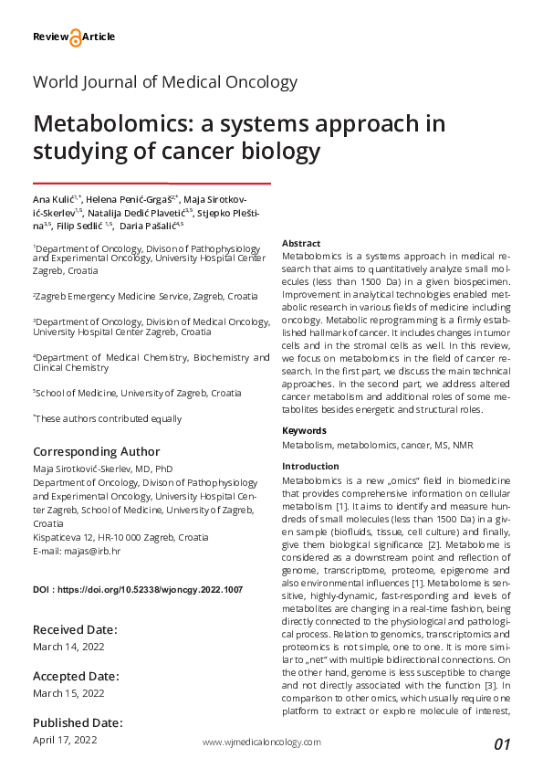 (PDF) Metabolomics: a systems approach in studying of cancer biology