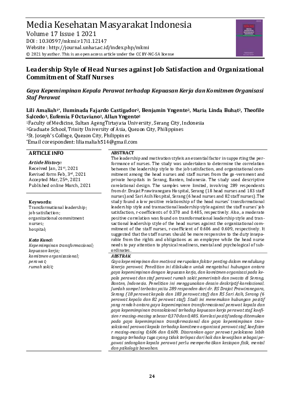 (PDF) Leadership Style of Head Nurses against Job Satisfaction and ...