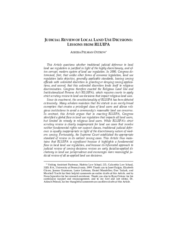 (PDF) Judicial Review of Local Land Use Decisions: Lessons from RLUIPA