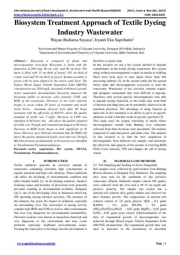 (PDF) Biosystem Treatment Approach of Textile Dyeing Industry Wastewater