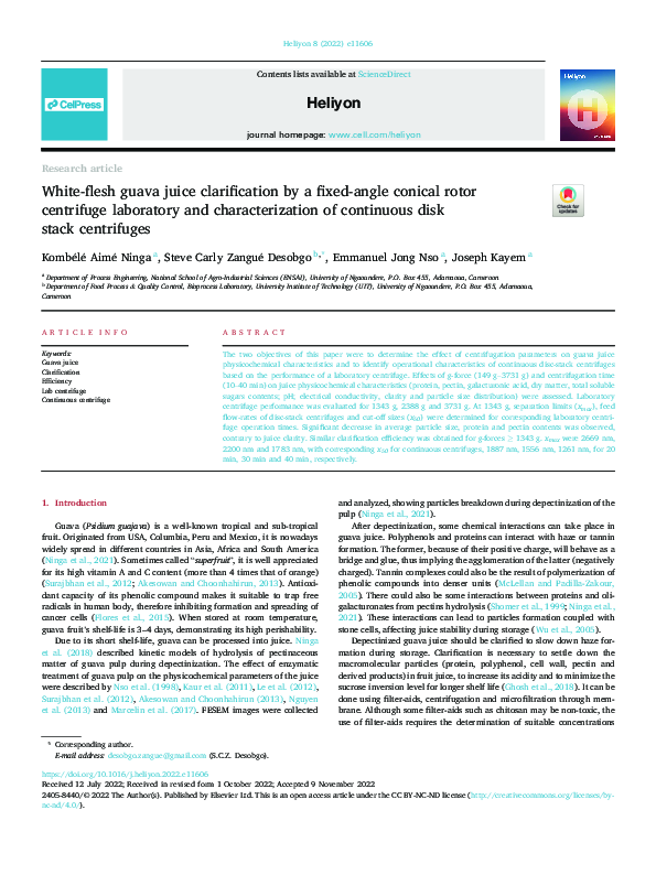 (PDF) White-flesh guava juice clarification by a fixed-angle conical ...