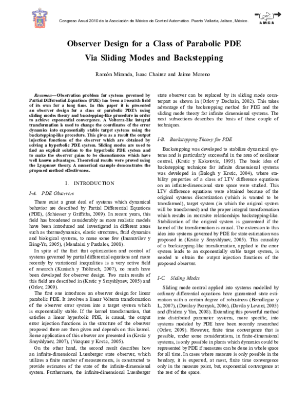 (PDF) Observer design for a class of parabolic PDE via sliding modes ...