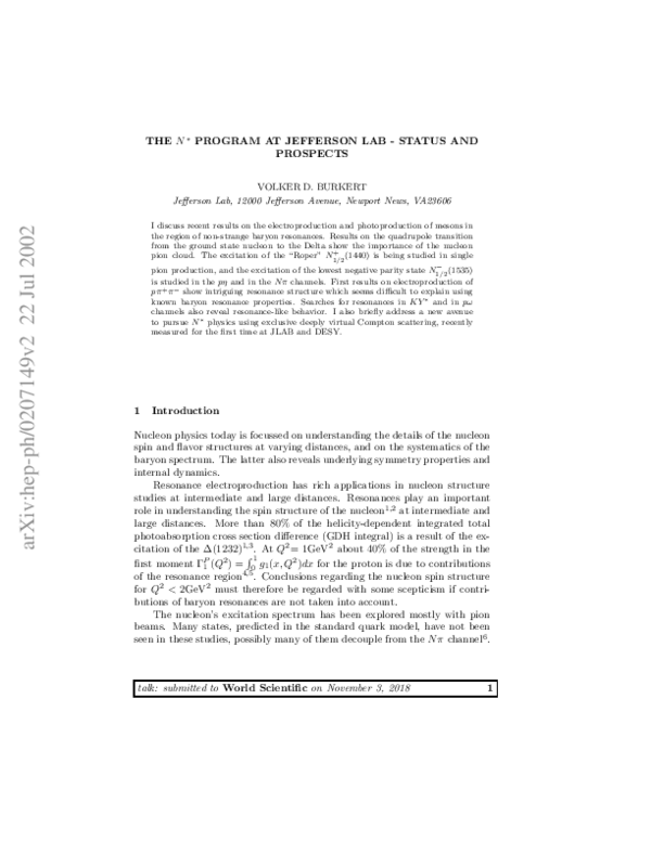 (PDF) The N* Program at Jefferson Lab - Status and Prospects