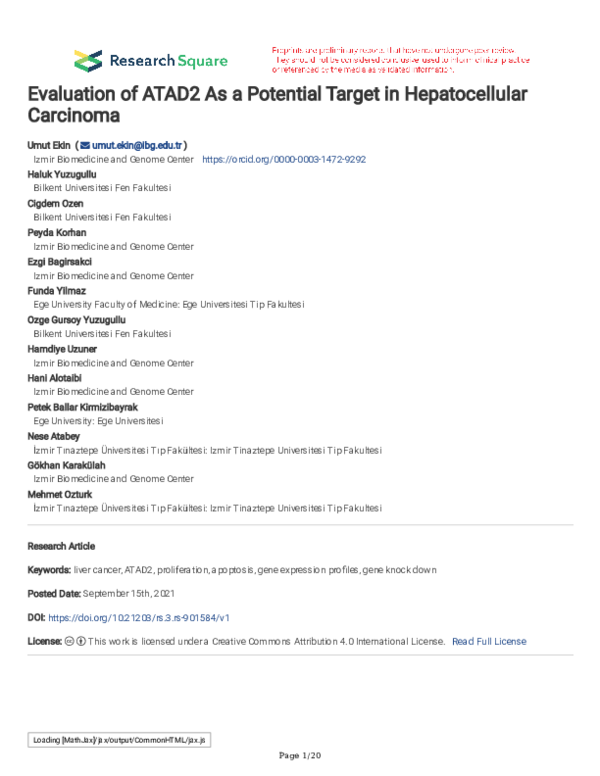 (PDF) Evaluation of ATAD2 As a Potential Target in Hepatocellular Carcinoma
