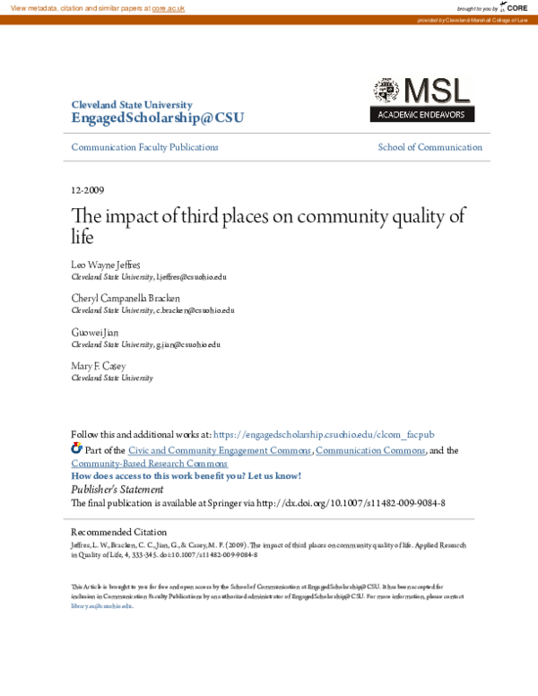 (PDF) The Impact of Third Places on Community Quality of Life