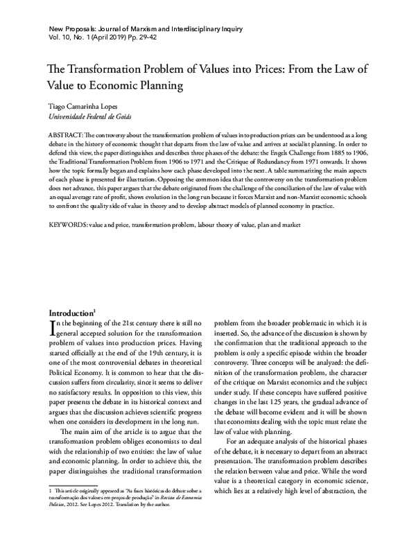 (PDF) The Transformation Problem of values into prices: from the law of ...