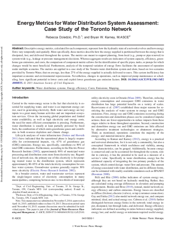 (PDF) Energy Metrics for Water Distribution System Assessment: Case ...