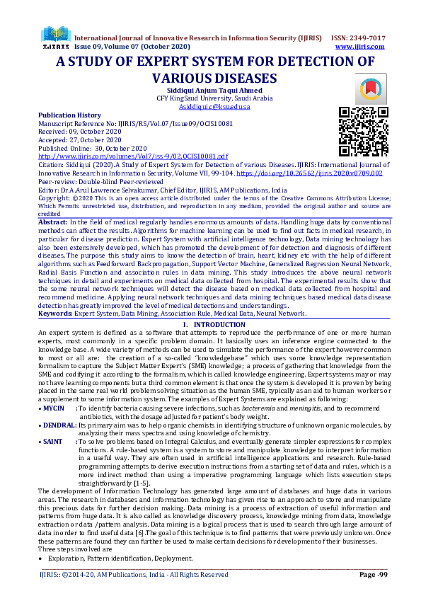 (PDF) A STUDY OF EXPERT SYSTEM FOR DETECTION OF VARIOUS DISEASES