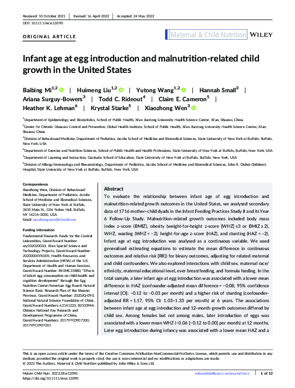 (PDF) Infant age at egg introduction and malnutrition‐related child ...