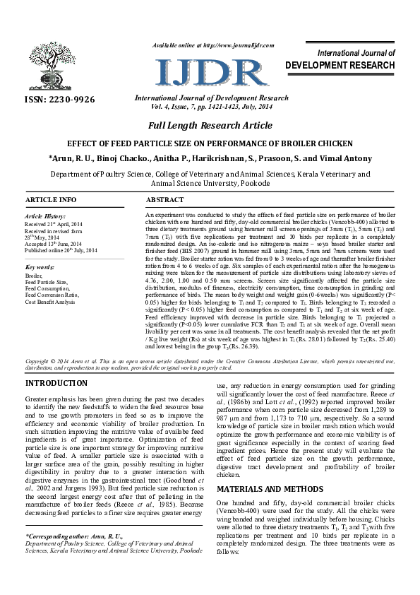 (PDF) Effect of Feed Particle Size on Performance of Broiler Chicken