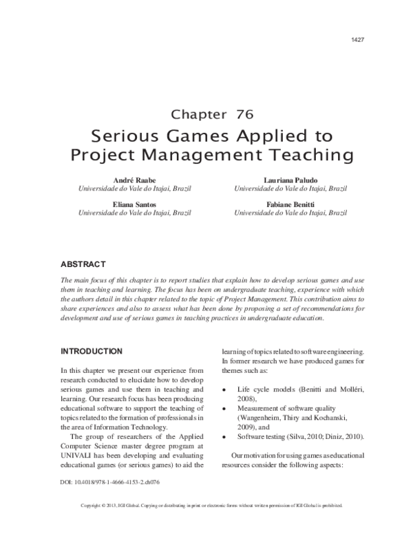 (PDF) Serious Games Applied to Project Management Teaching