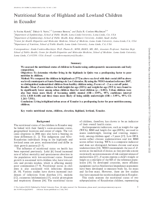 (PDF) Nutritional Status of Highland and Lowland Children in Ecuador