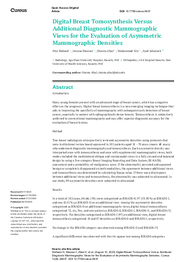 (PDF) Digital Breast Tomosynthesis Versus Additional Diagnostic ...