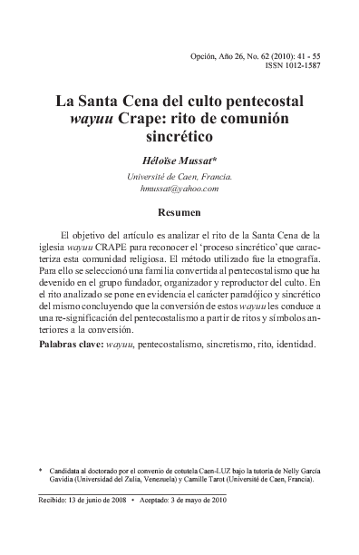 La Santa Sede del culto pentecostal wayuu Crape: rito de comunión sincrético