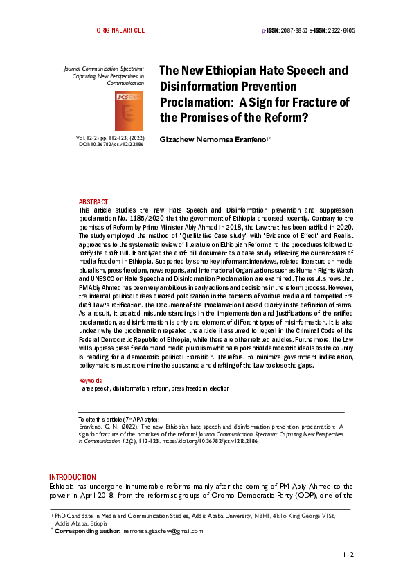 (PDF) The New Ethiopian Hate Speech and Disinformation Prevention ...
