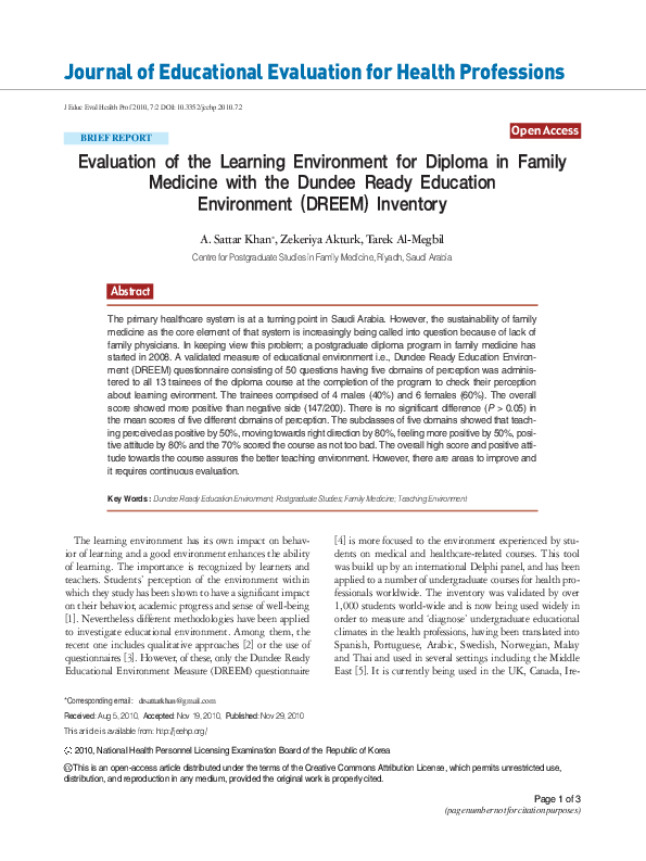 (PDF) Evaluation of the Learning Environment for Diploma in Family ...