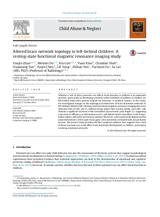 (PDF) Altered brain network topology in left-behind children: A resting ...