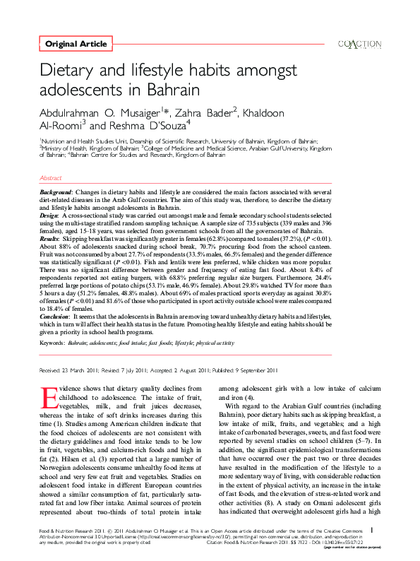 (PDF) Dietary and lifestyle habits amongst adolescents in Bahrain