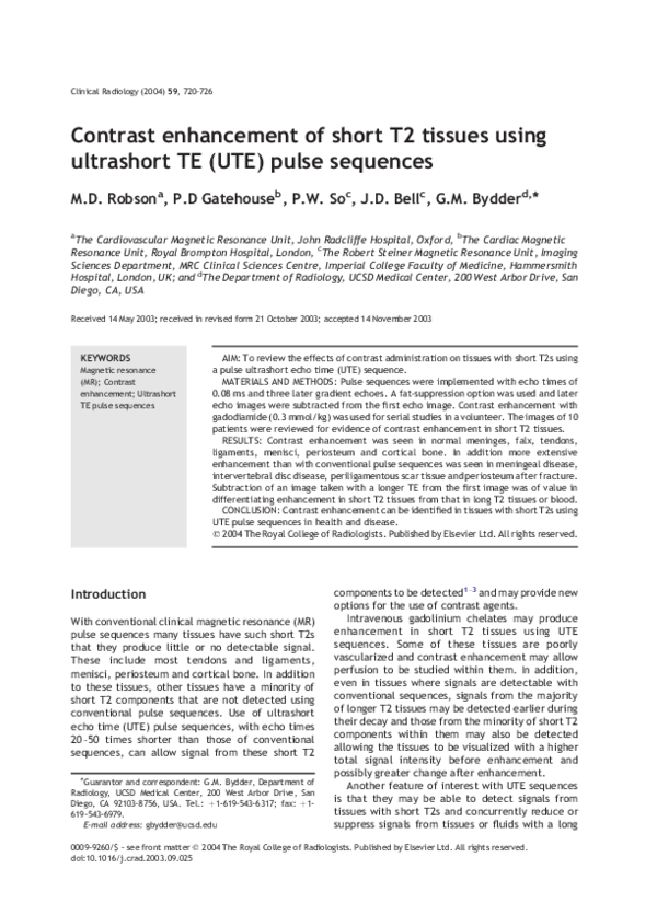 (PDF) Contrast enhancement of short T2 tissues using ultrashort TE (UTE ...