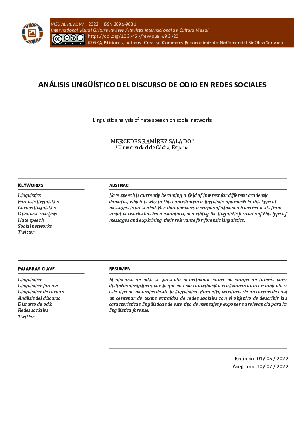 (PDF) Análisis lingüístico del discurso de odio en redes sociales