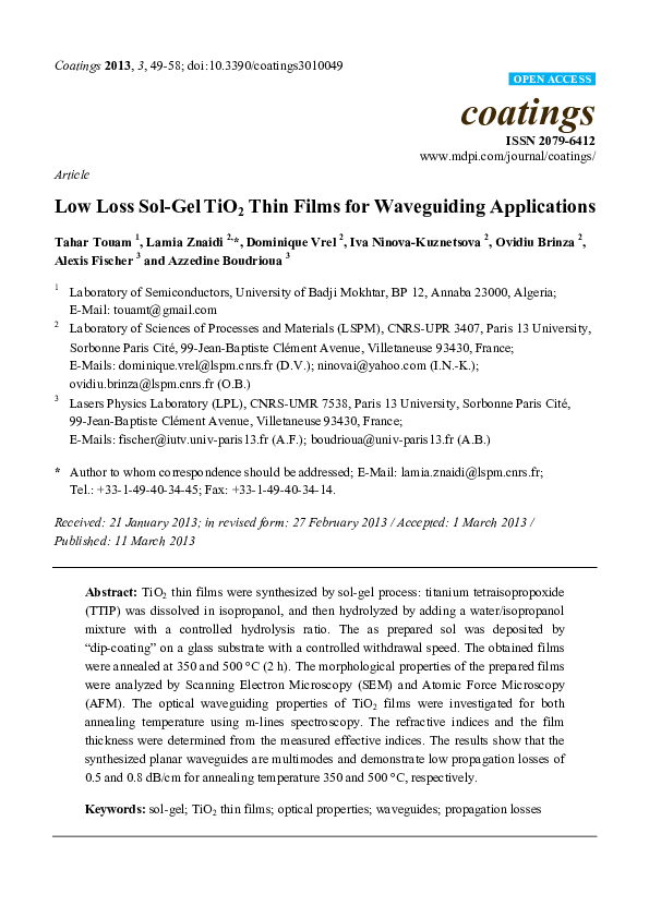 (PDF) Low Loss Sol-Gel TiO2 Thin Films for Waveguiding Applications