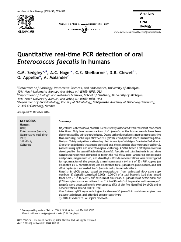 (PDF) Quantitative real-time PCR detection of oral Enterococcus ...