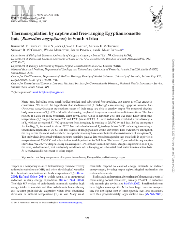 (PDF) Thermoregulation by captive and free-ranging Egyptian rousette ...