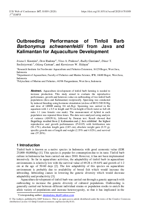 (PDF) Outbreeding Performance of Tinfoil Barb Barbonymus schwanenfeldii ...