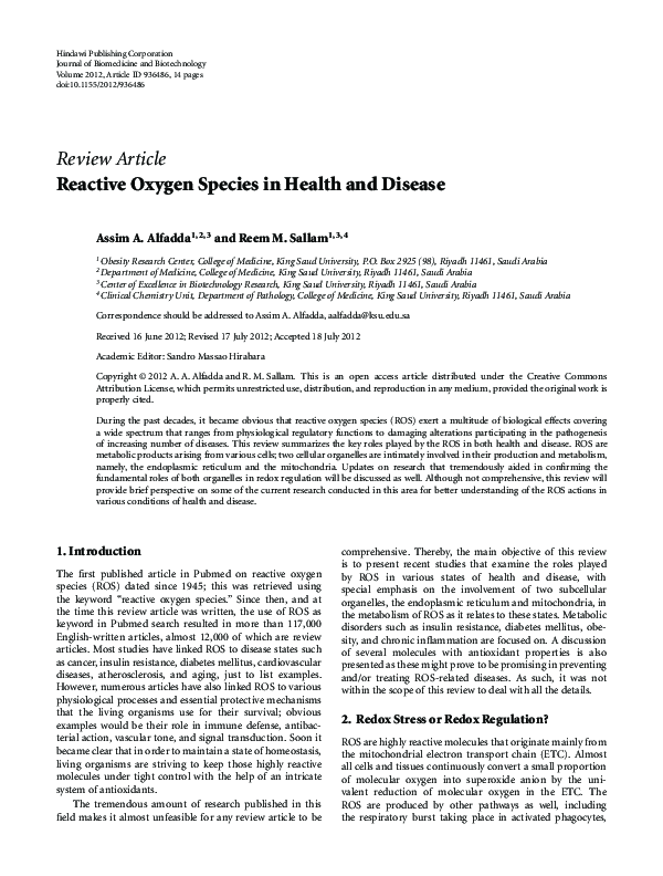(PDF) Reactive Oxygen Species in Health and Disease