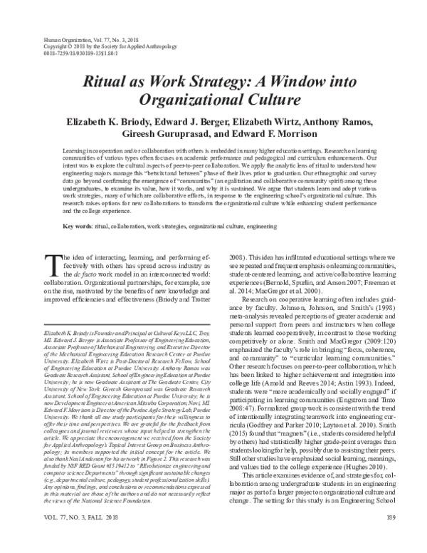(PDF) Ritual as Work Strategy: A Window into Organizational Culture