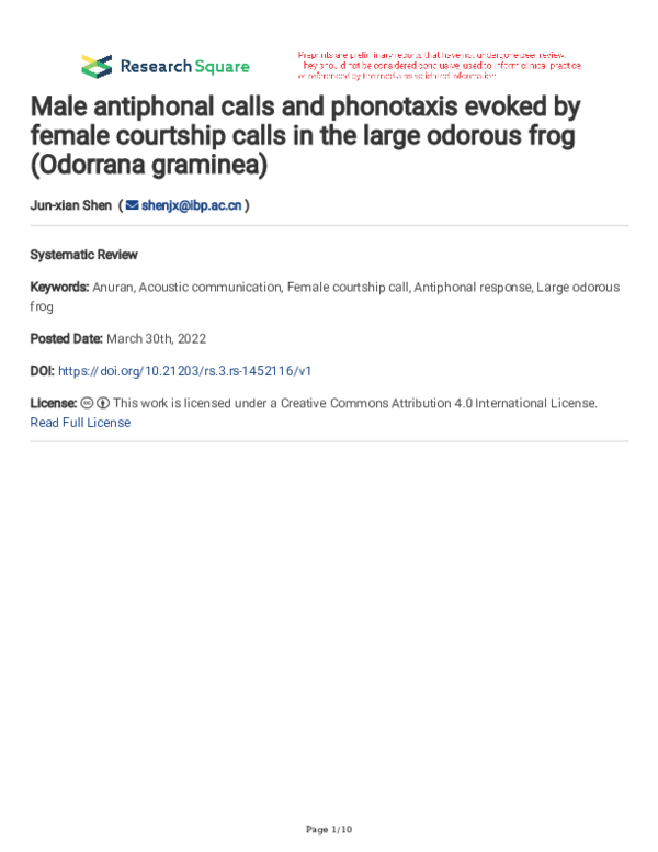 (PDF) Male antiphonal calls and phonotaxis evoked by female courtship ...
