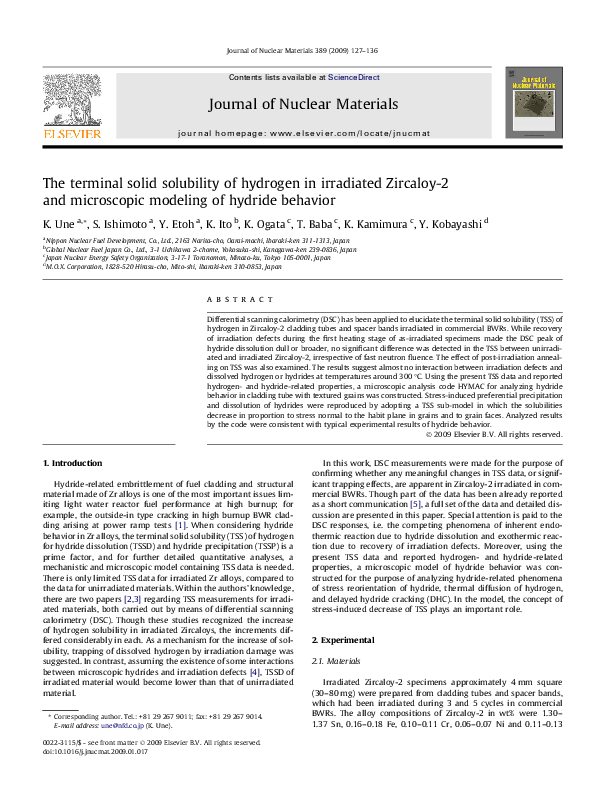 (PDF) The terminal solid solubility of hydrogen in irradiated Zircaloy ...