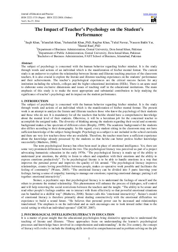 (PDF) The Impact of Teacher’s Psychology on the Student’s Performance