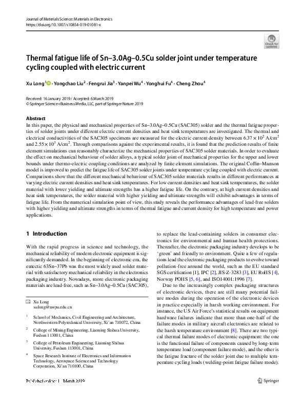(PDF) Thermal fatigue life of Sn3.0Ag0.5Cu solder joint under