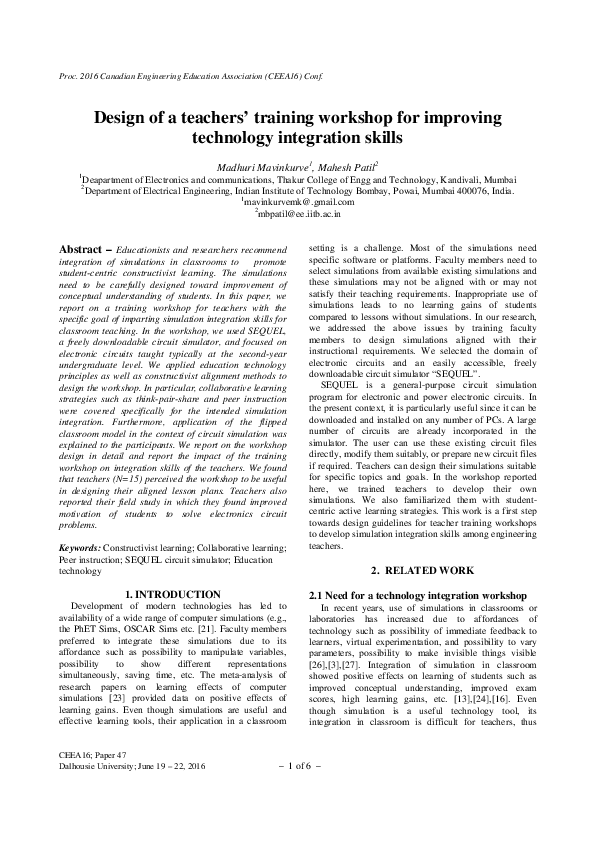 (PDF) Design of a teachers’ training workshop for improving technology ...