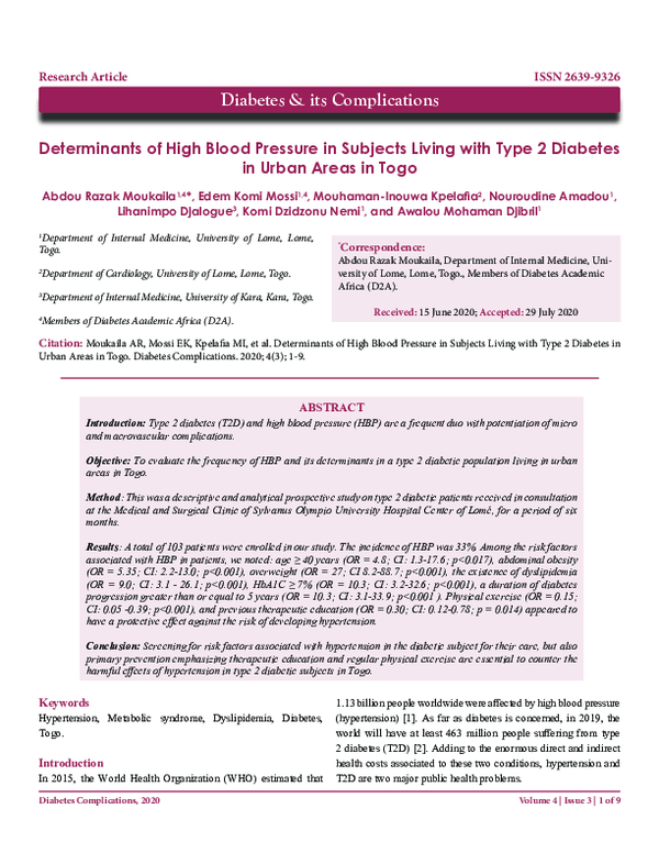 (PDF) Determinants of High Blood Pressure in Subjects Living with Type ...
