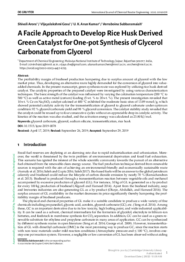 (PDF) A Facile Approach to Develop Rice Husk Derived Green Catalyst for ...