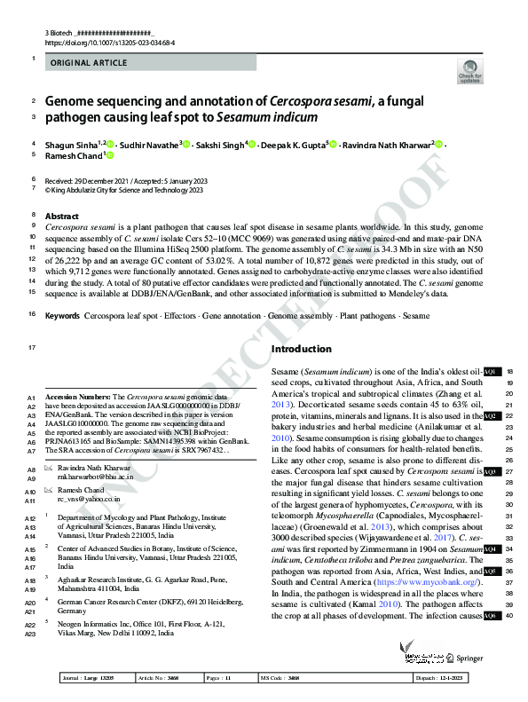 (PDF) Genome sequencing and annotation of Cercospora sesami, a fungal ...