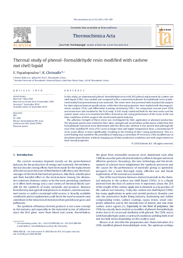 (PDF) Thermal study of phenol–formaldehyde resin modified with cashew ...
