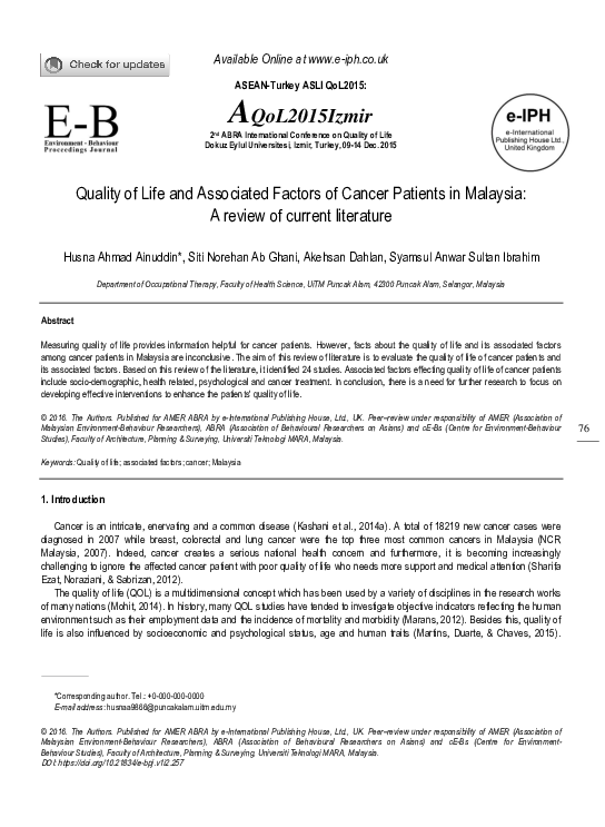 (PDF) Quality of Life and Associated Factors of Cancer Patients in ...
