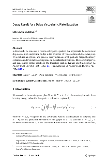 (PDF) Decay Result for a Delay Viscoelastic Plate Equation