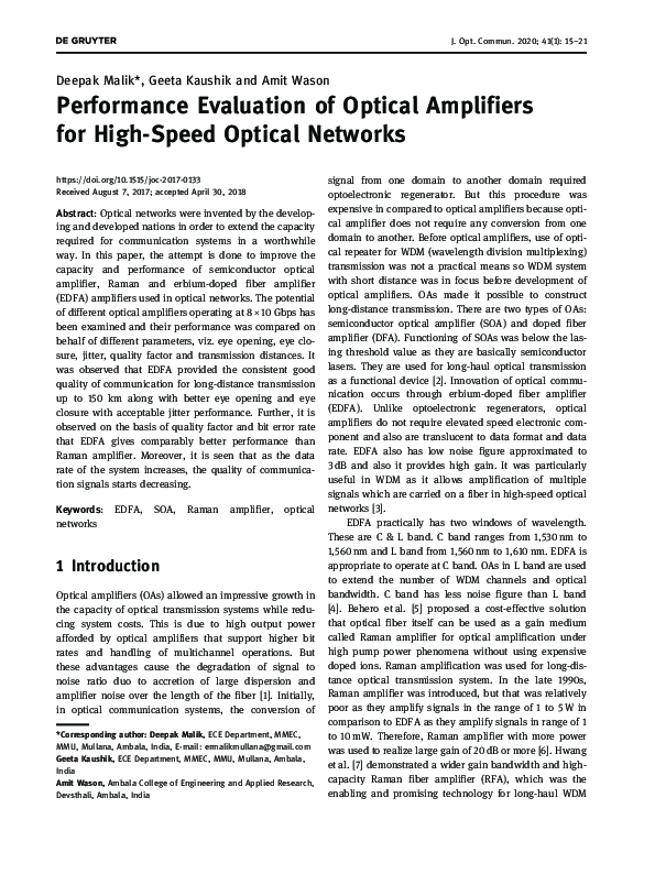 (PDF) Performance Evaluation of Optical Amplifiers for High-Speed ...