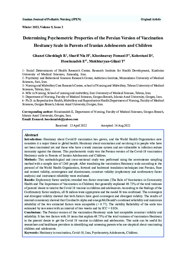 (PDF) Determining Psychometric Properties of the Persian Version of ...