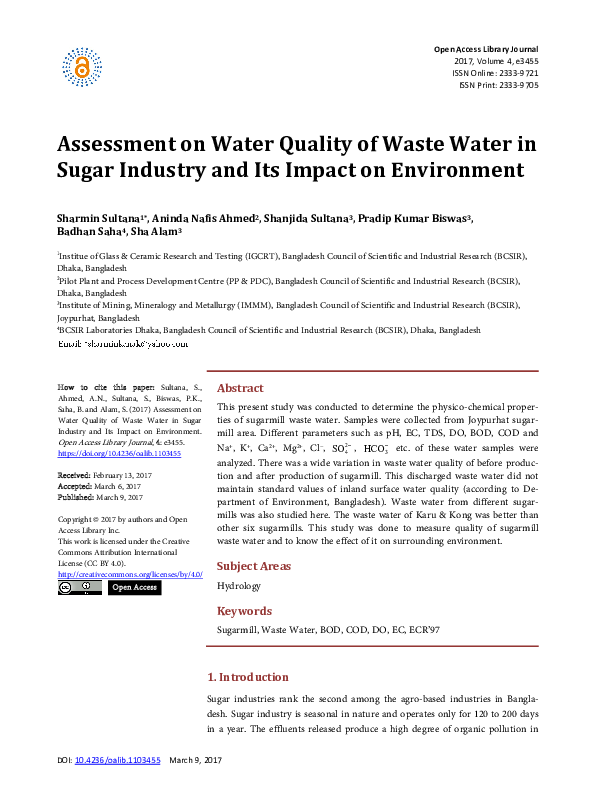 (PDF) Assessment on Water Quality of Waste Water in Sugar Industry and