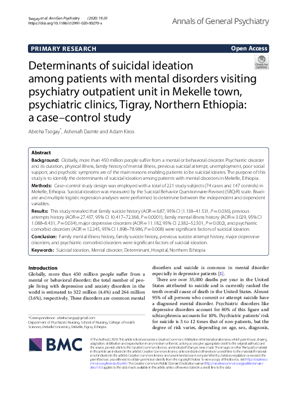 (PDF) Determinants of suicidal ideation among patients with mental ...
