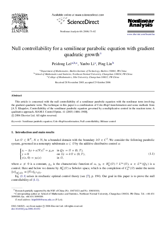 (PDF) Null controllability for semilinear parabolic equations with ...